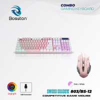 COMBO BÀN PHÍM GIẢ CƠ BOSSTON 803 + MOUSE GAMING BS12 LEDLIGHT PINK-WHITE